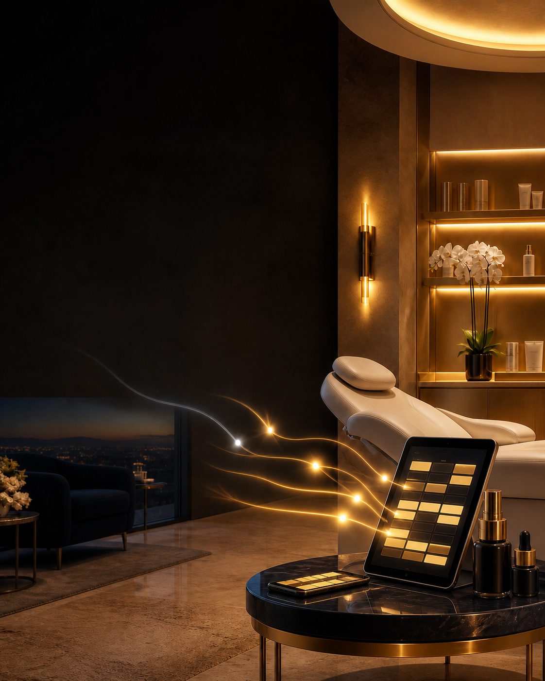 A calm luxury appointment-flow visual with warm light and a discreet communication signal