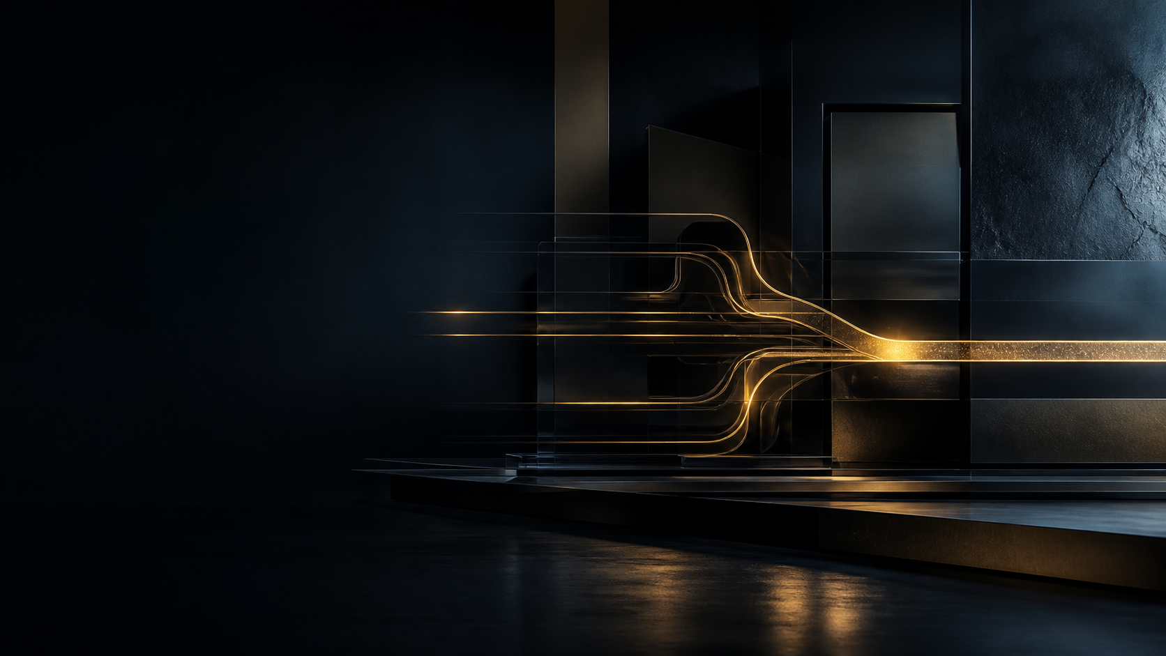 Abstract illuminated paths converging through a modern architectural space