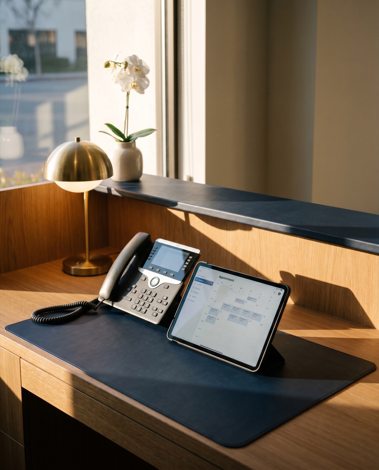 Med spa front desk with phone and booking calendar on a tablet
