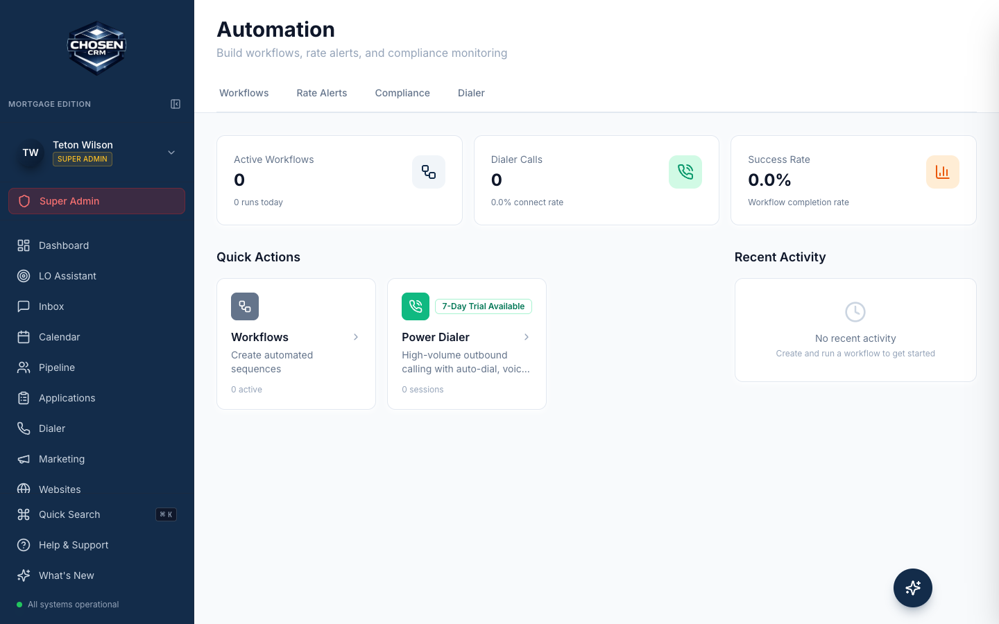 ChosenCRM automation dashboard showing workflow, dialer, compliance, and activity controls