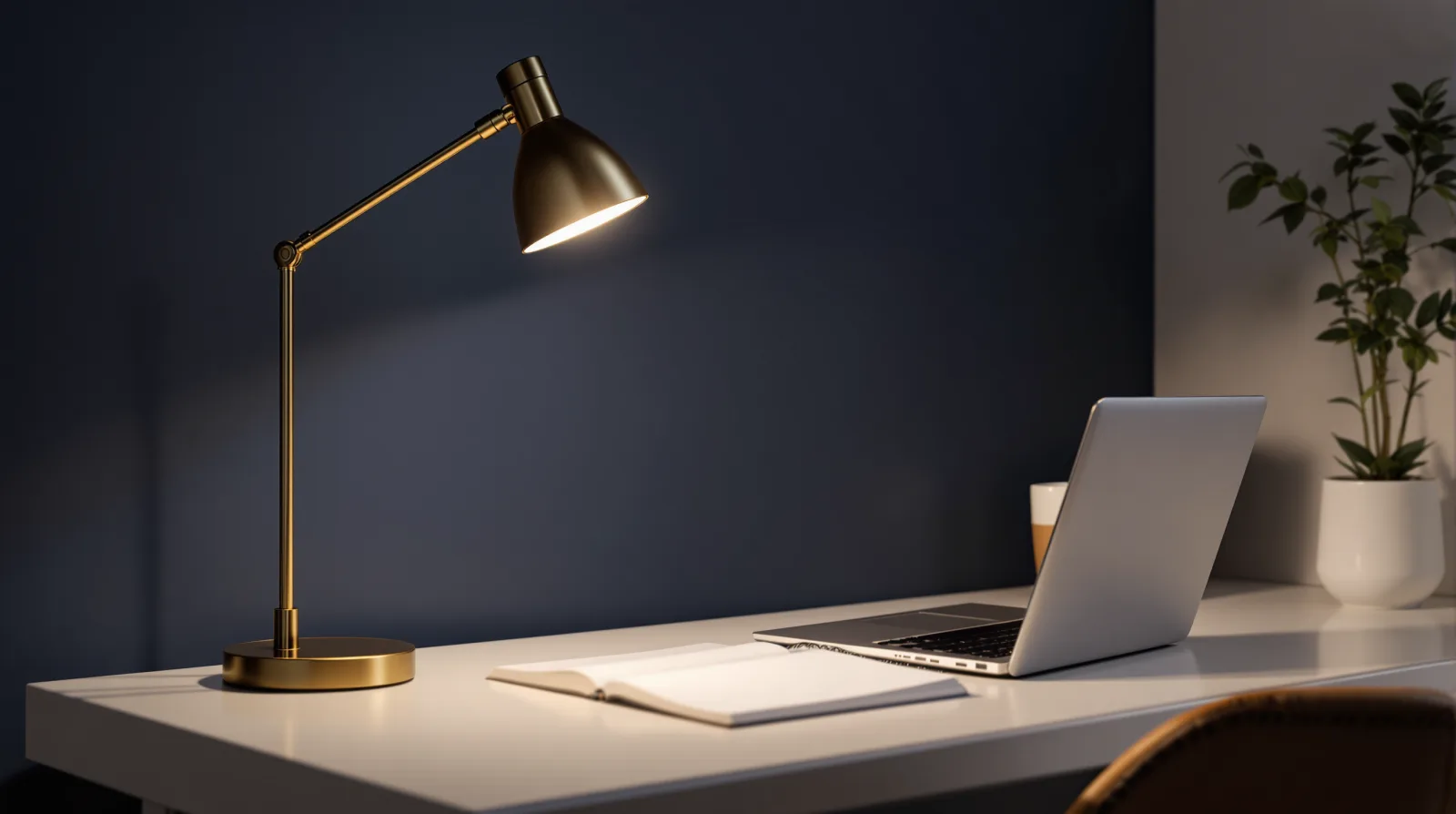 Calm workspace at dusk with a brass desk lamp, open notebook, and closed laptop