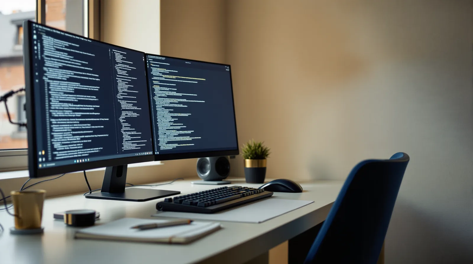 Engineer's desk with two monitors showing out-of-focus code in warm window light
