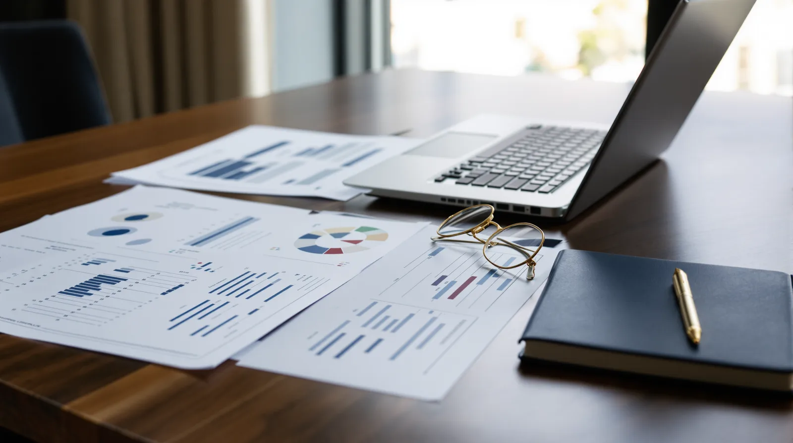 Printed charts and tables spread on a walnut conference table beside a laptop