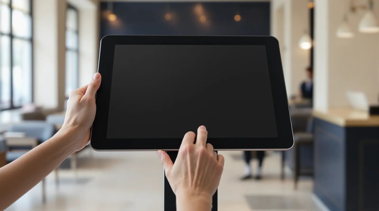 Hands using a tablet at a standing kiosk in a bright public service office