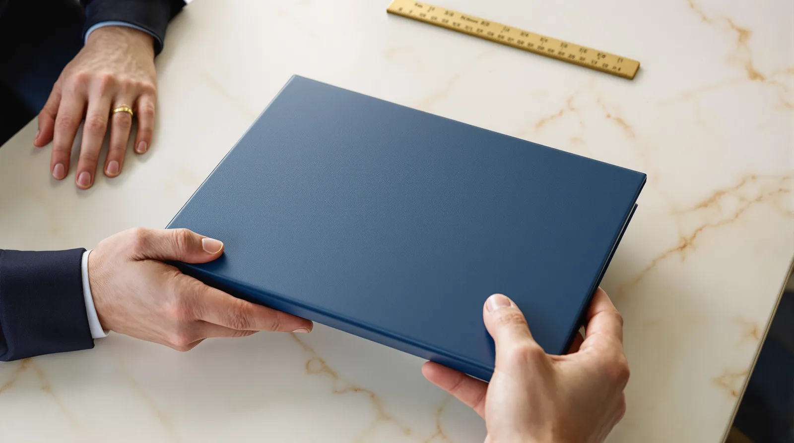 One person handing a navy binder of documentation to another across an ivory table