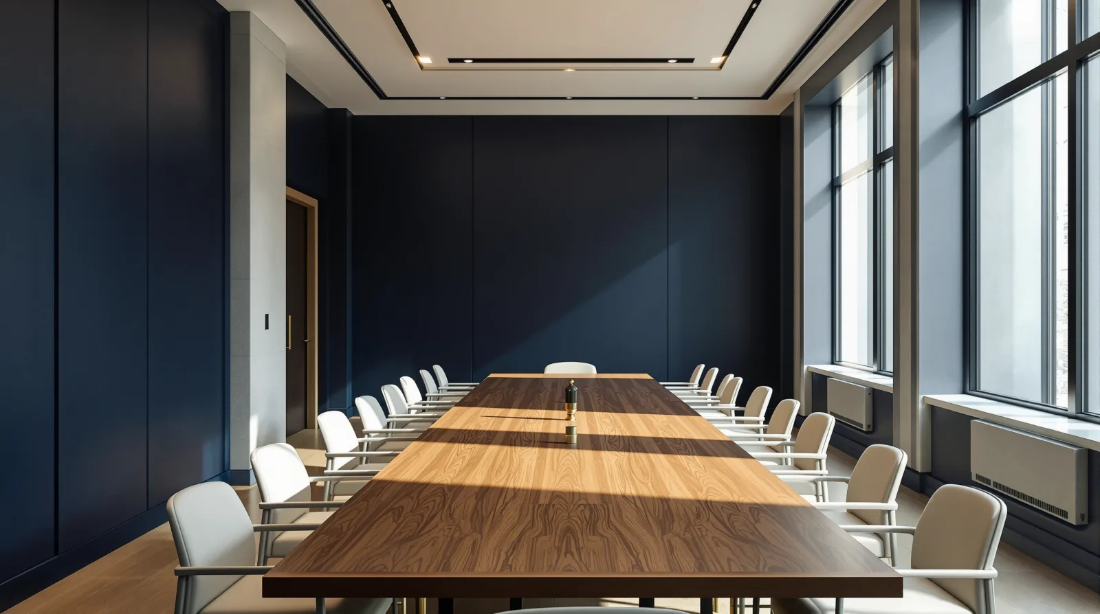 Quiet conference room with a long walnut table, ivory chairs, and deep navy walls