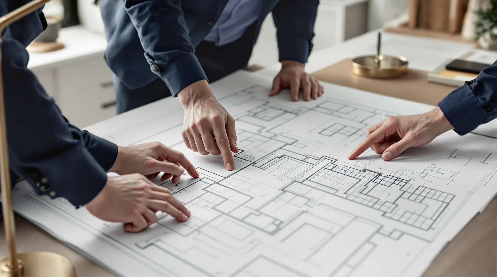 Two professionals reviewing large architectural drawings on a table