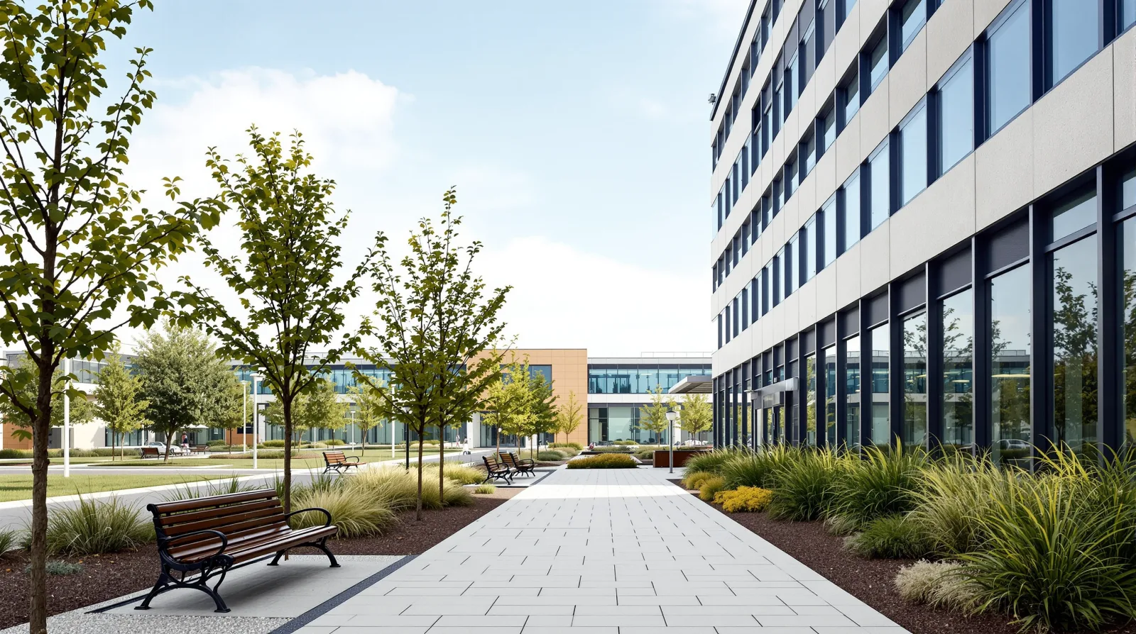 Landscaped walkway on a modern medical campus with benches and young trees
