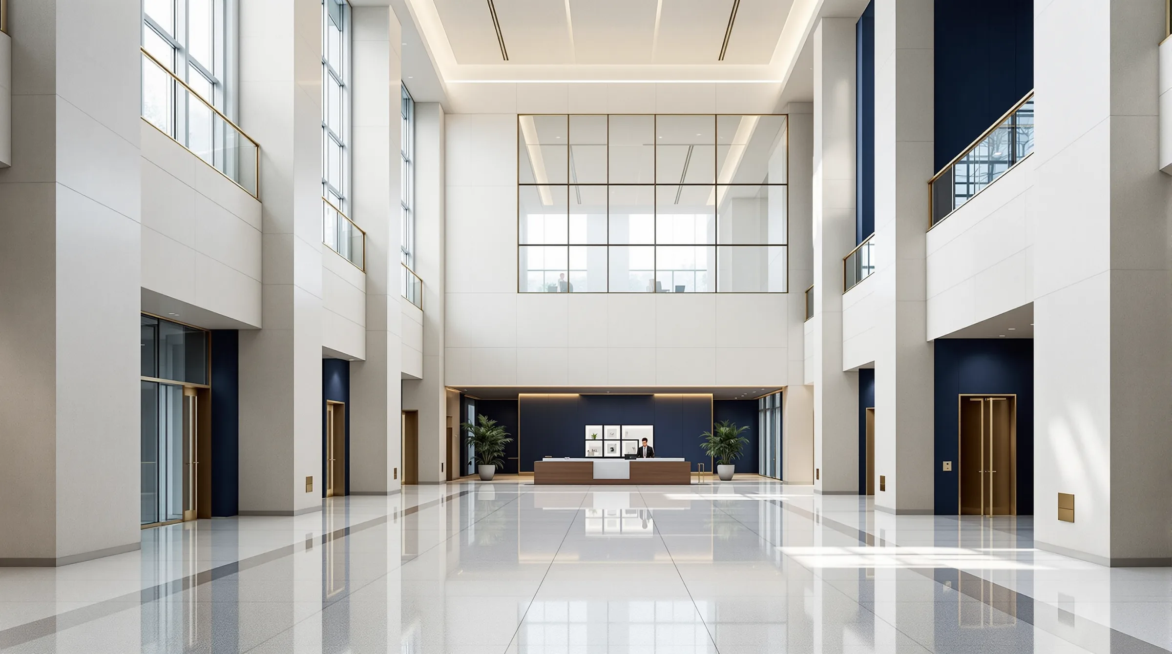 Atrium of a modern civic building with limestone walls, navy panels, and brass railings in morning light