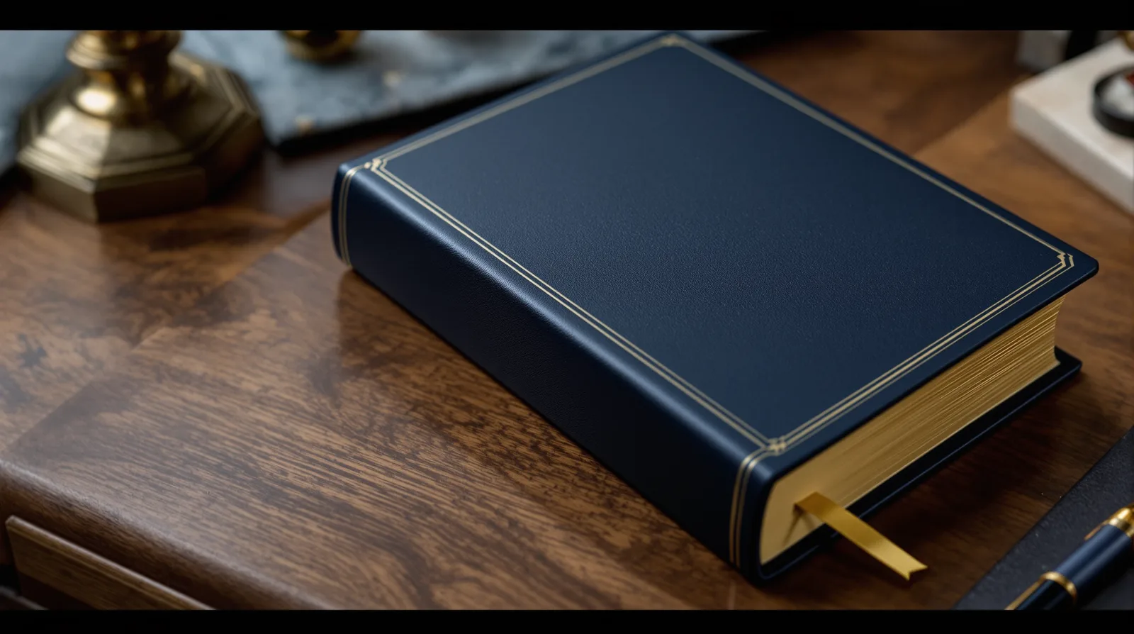 Navy leather-bound book with gold page edges on a walnut desk