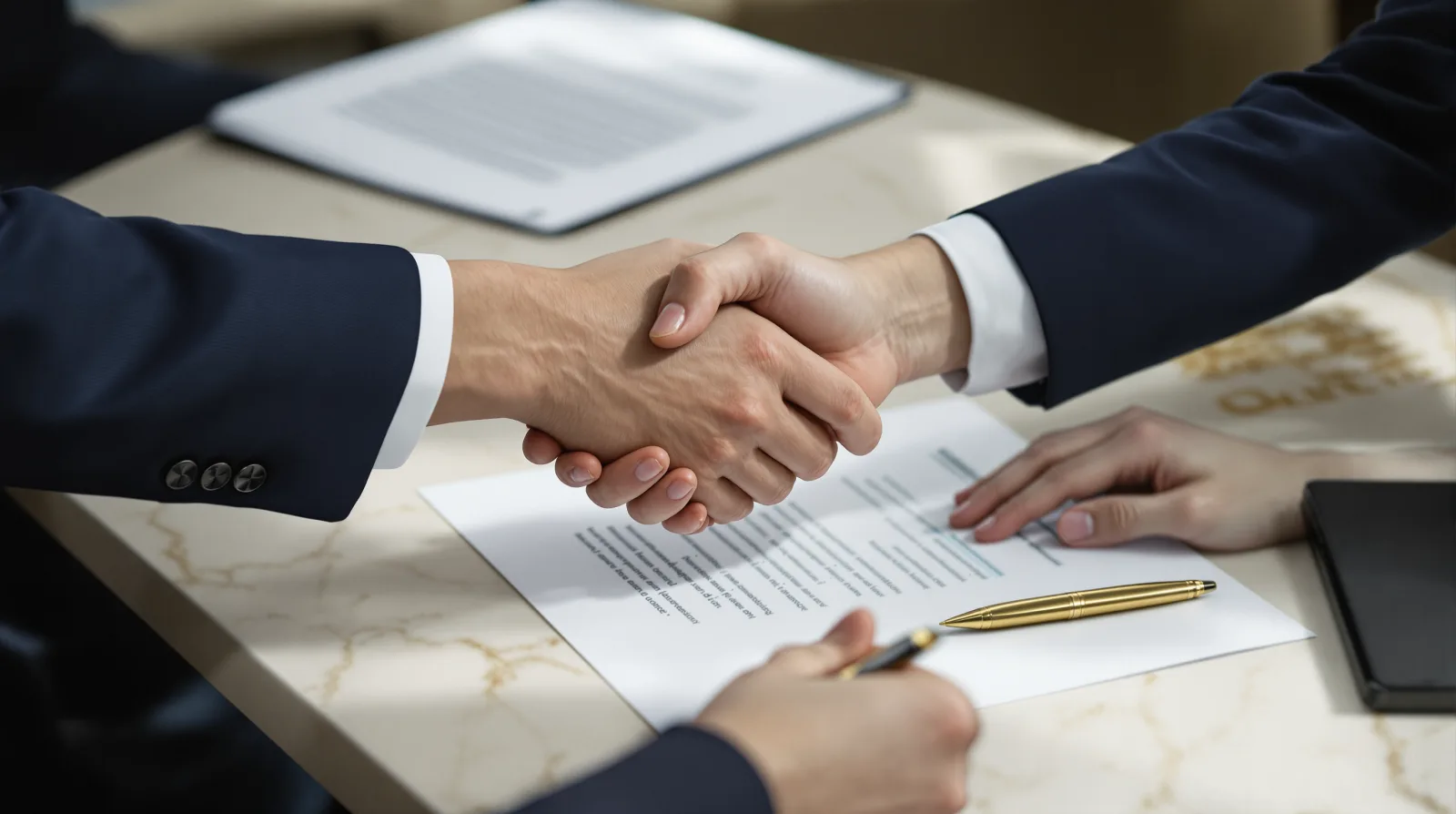 Two hands shaking across a table over printed agreements with a brass pen
