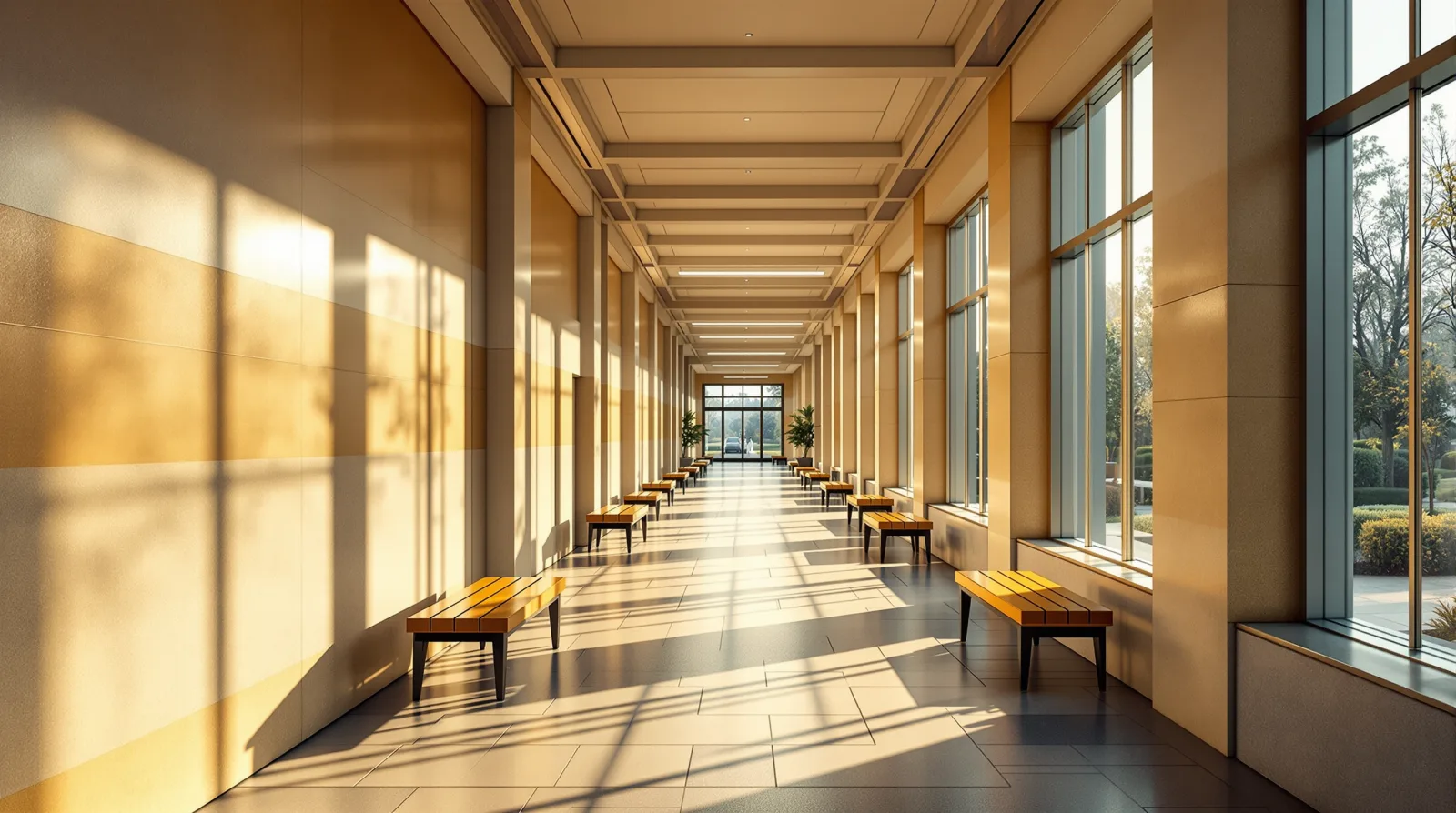 Sunlit corridor of a modern medical campus with tall windows and wooden benches